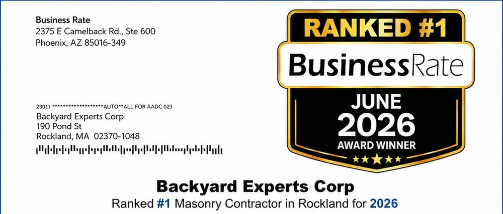 BusinessRate award letter: Backyard Experts Corp, Ranked #1 Masonry Contractor in Rockland for 2026, June 2026 award winner