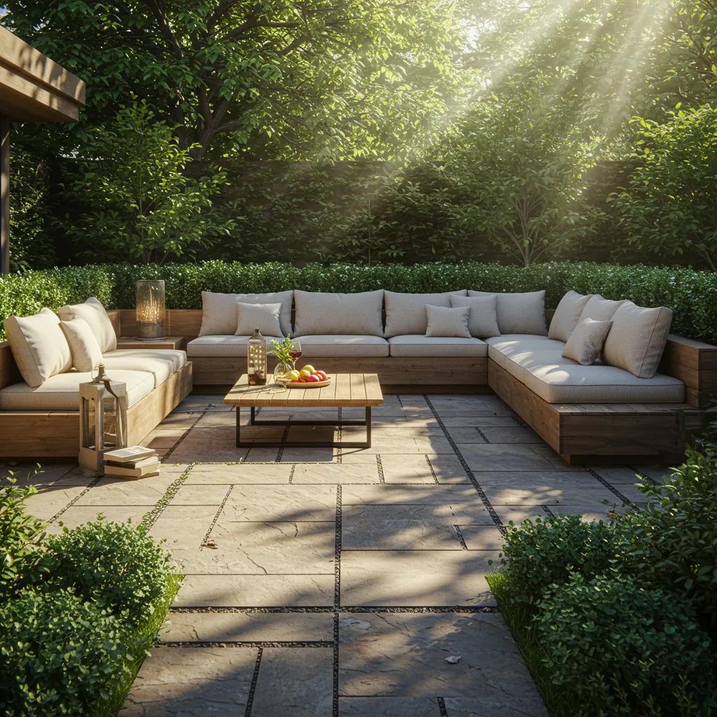 Beautiful outdoor patio with natural stone paving and integrated seating, enhancing outdoor living spaces