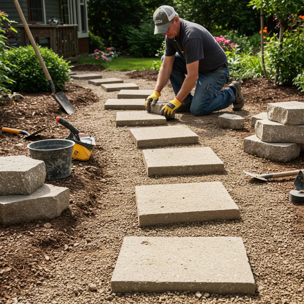 Homeowner working on a DIY hardscaping project, laying stepping stones in a garden path