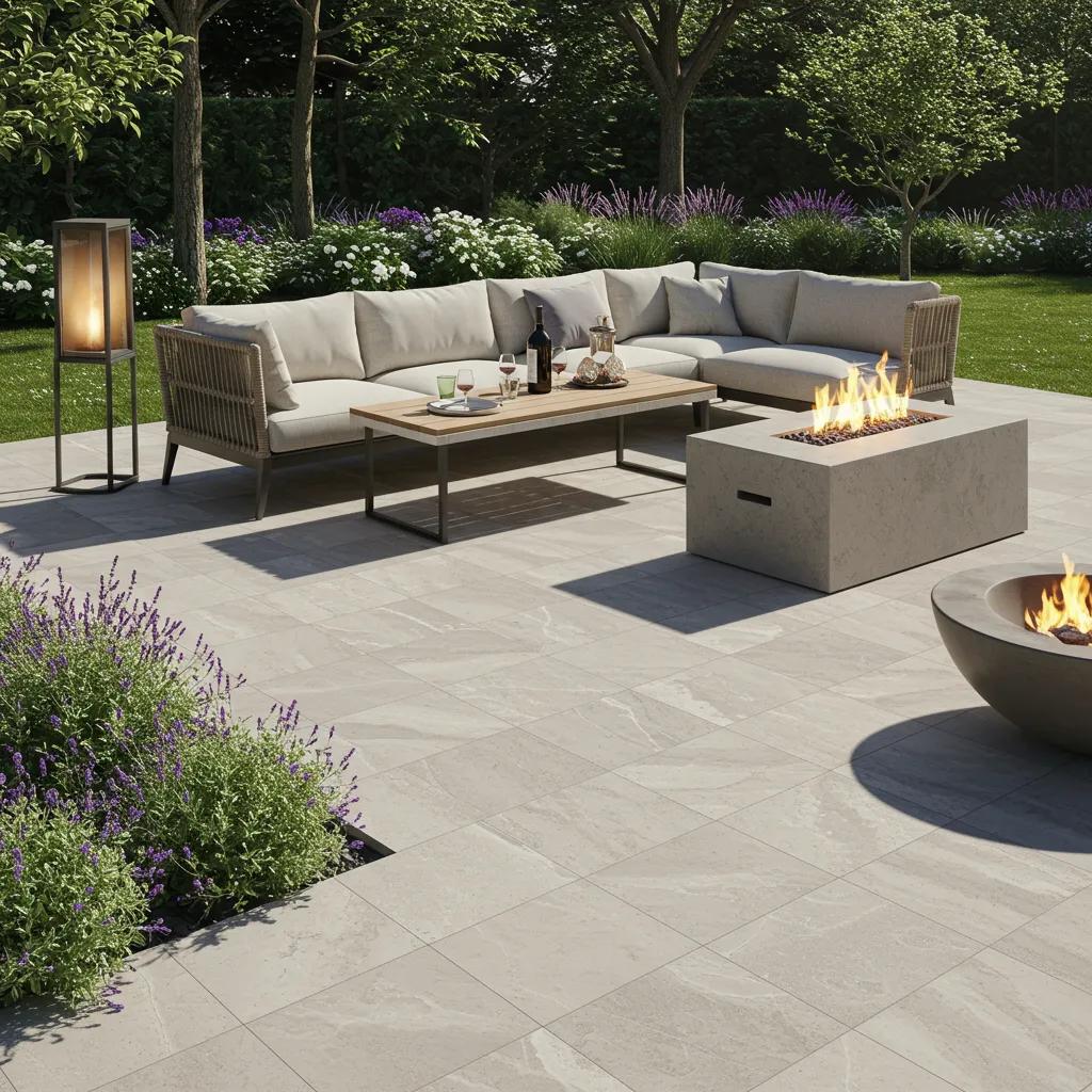 Modern patio design with large-format porcelain slabs and integrated fire pits, ideal for outdoor living